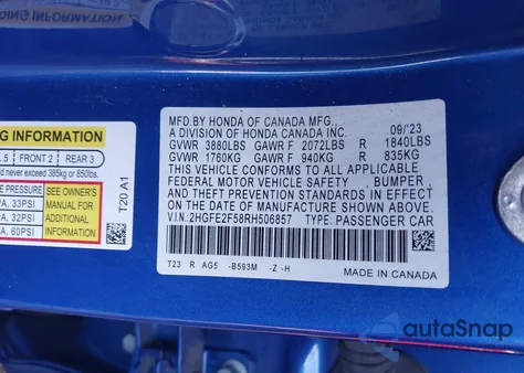 2024 Honda Civic Sport from USA, damaged, VIN 2HGFE2F58RH506857